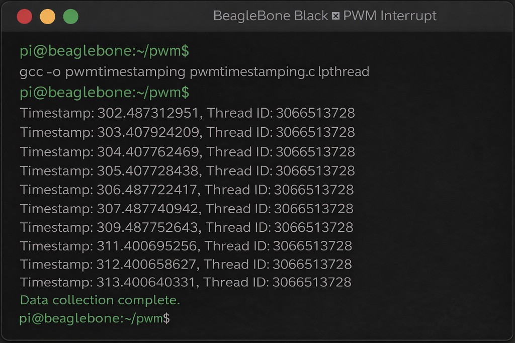 Terminal: PWM interrupt timestamps and data collection complete