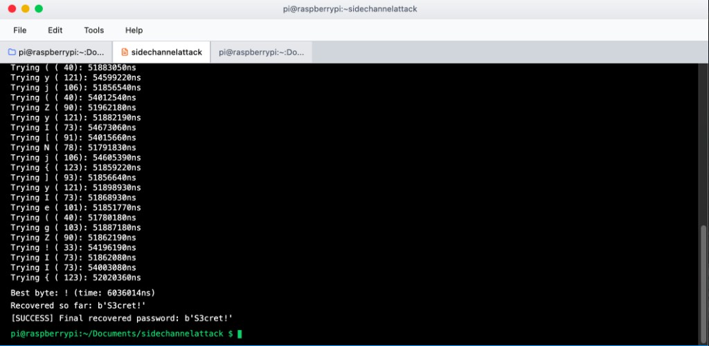 Terminal output: attacker.py recovering password byte-by-byte; final recovered password b'S3cret!'